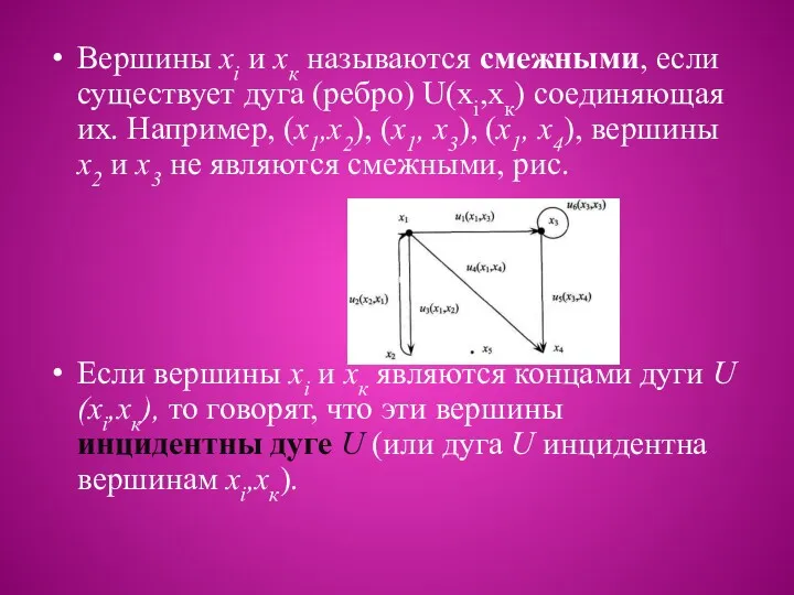 Вершины xi и хк называются смежными, если существует дуга (ребро)