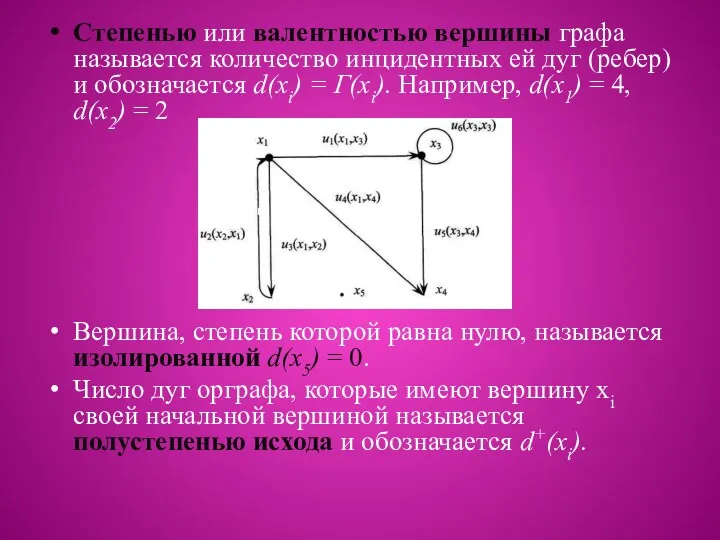 Степенью или валентностью вершины графа называется количество инцидентных ей дуг