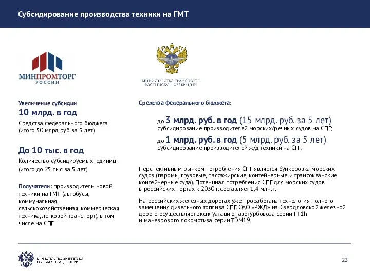 Субсидирование производства техники на ГМТ Увеличение субсидии 10 млрд. в