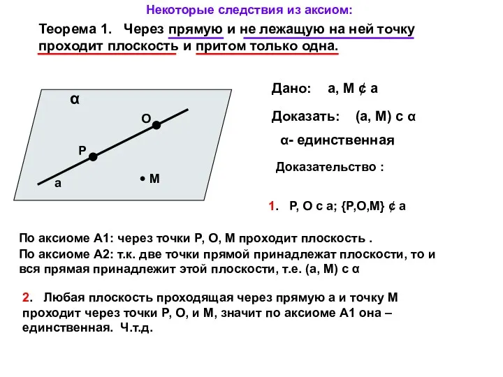 Теорема 1. Через прямую и не лежащую на ней точку