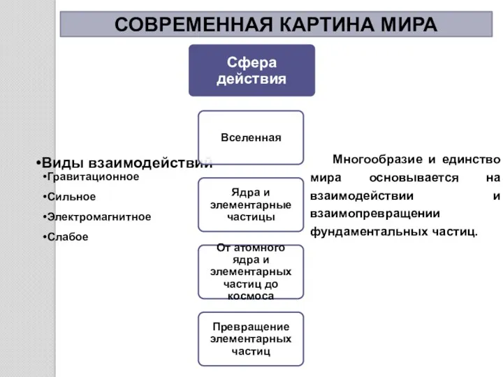 СОВРЕМЕННАЯ КАРТИНА МИРА Виды взаимодействий Гравитационное Сильное Электромагнитное Слабое Многообразие