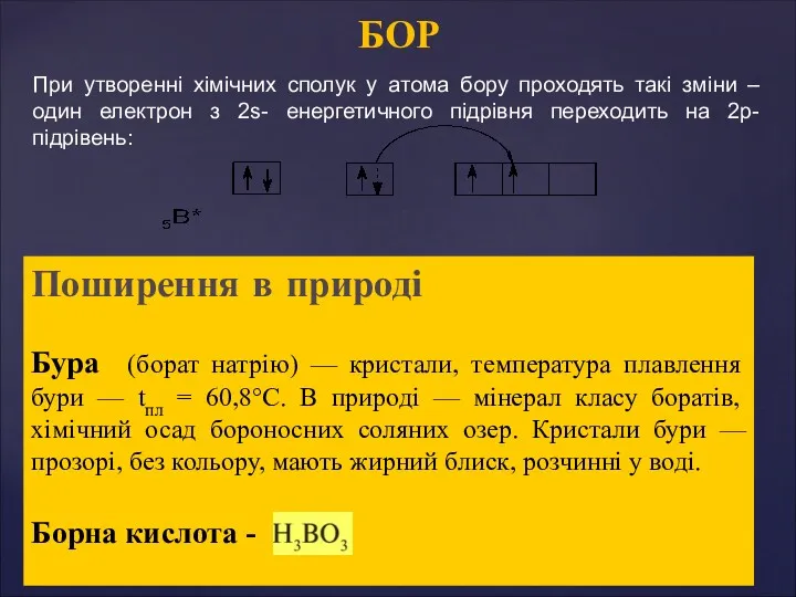 При утворенні хімічних сполук у атома бору проходять такі зміни