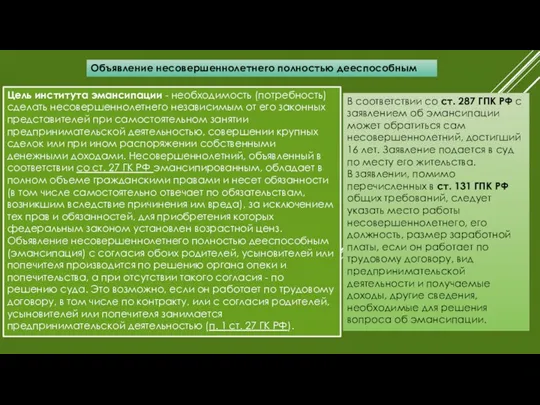 Объявление несовершеннолетнего полностью дееспособным Цель института эмансипации - необходимость (потребность)