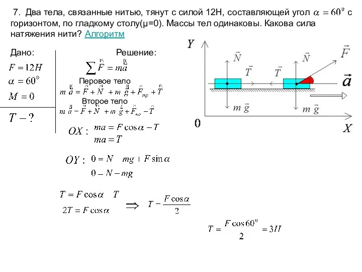 7. Два тела, связанные нитью, тянут с силой 12Н, составляющей