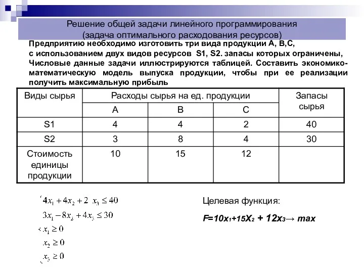 Решение общей задачи линейного программирования (задача оптимального расходования ресурсов) Предприятию