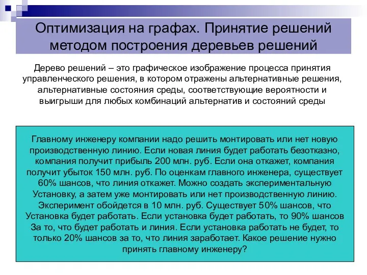 Оптимизация на графах. Принятие решений методом построения деревьев решений Дерево