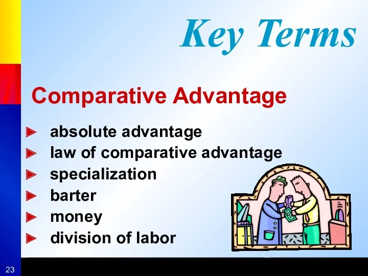 Comparative Advantage absolute advantage law of comparative advantage specialization barter money division of labor Key Terms