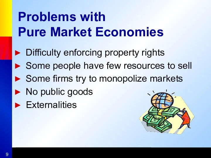 Problems with Pure Market Economies Difficulty enforcing property rights Some