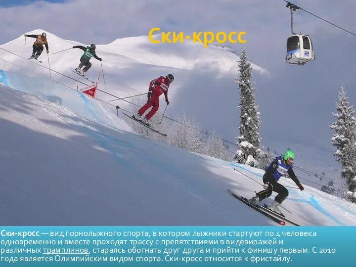 Ски-кросс Ски-кросс — вид горнолыжного спорта, в котором лыжники стартуют