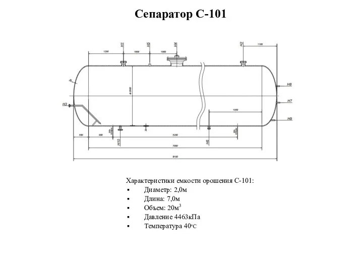 Сепаратор С-101 Характеристики емкости орошения C-101: Диаметр: 2,0м Длина: 7,0м Объем: 20м3 Давление 4463кПа Температура 40оС