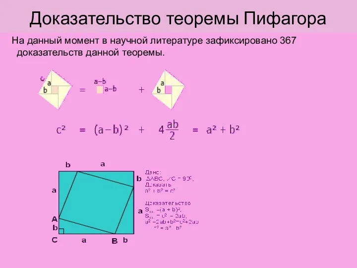 Доказательство теоремы Пифагора На данный момент в научной литературе зафиксировано 367 доказательств данной теоремы.