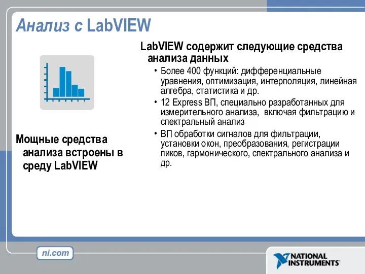 Анализ с LabVIEW LabVIEW содержит следующие средства анализа данных Более 400 функций: дифференциальные