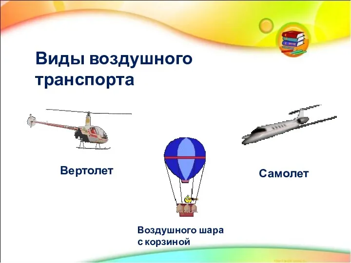 Виды воздушного транспорта Самолет Вертолет Воздушного шара с корзиной
