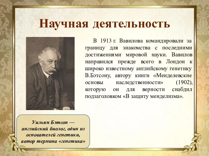 Научная деятельность В 1913 г. Вавилова командировали за границу для знакомства с последними