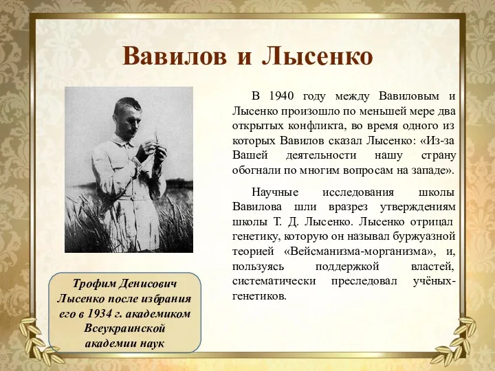 Вавилов и Лысенко В 1940 году между Вавиловым и Лысенко произошло по меньшей