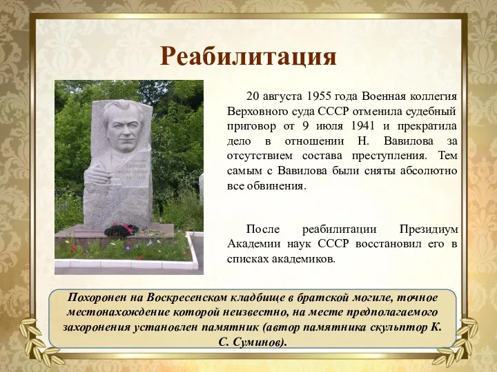 Реабилитация 20 августа 1955 года Военная коллегия Верховного суда СССР отменила судебный приговор