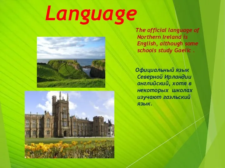 Language The official language of Northern Ireland is English, although