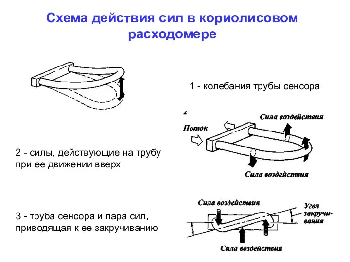 Схема действия сил в кориолисовом расходомере 1 - колебания трубы