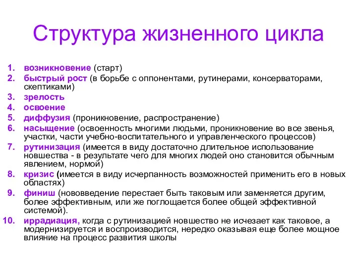 Структура жизненного цикла возникновение (старт) быстрый рост (в борьбе с