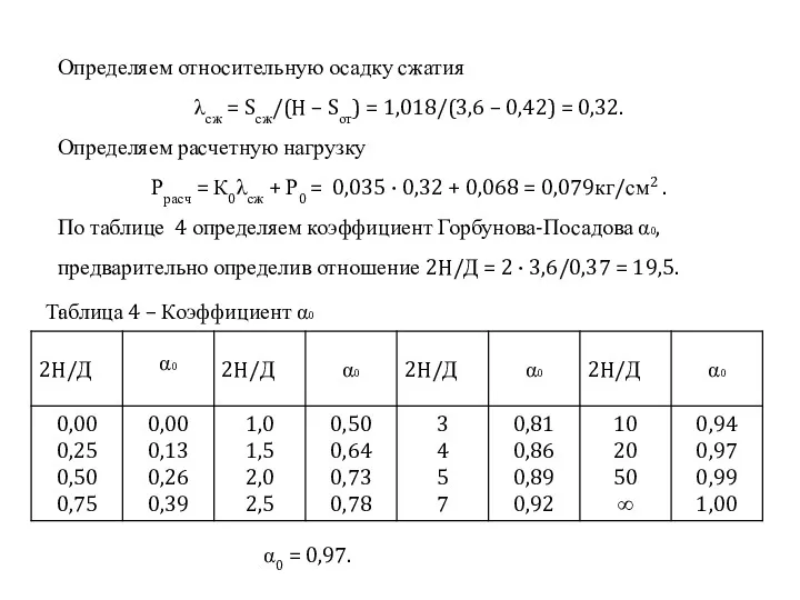 Определяем относительную осадку сжатия λсж = Sсж/(H – Sот) = 1,018/(3,6 – 0,42)