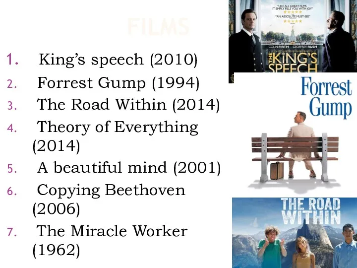 FILMS King’s speech (2010) Forrest Gump (1994) The Road Within