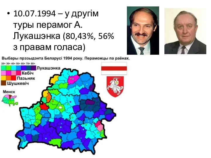 10.07.1994 – у другім туры перамог А.Лукашэнка (80,43%, 56% з правам голаса)
