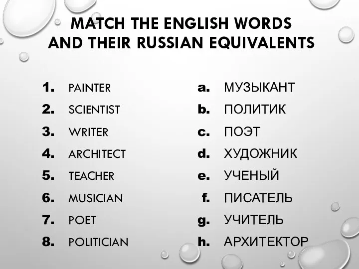 MATCH THE ENGLISH WORDS AND THEIR RUSSIAN EQUIVALENTS PAINTER SCIENTIST
