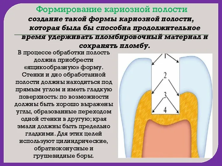 Формирование кариозной полости создание такой формы кариозной полости, которая была