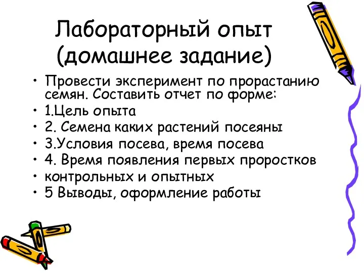 Лабораторный опыт (домашнее задание) Провести эксперимент по прорастанию семян. Составить