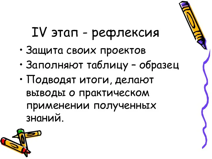 IV этап - рефлексия Защита своих проектов Заполняют таблицу –