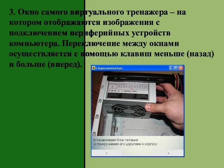 3. Окно самого виртуального тренажера – на котором отображаются изображения