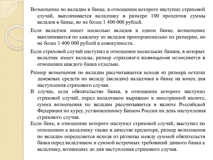 Возмещение по вкладам в банке, в отношении которого наступил страховой