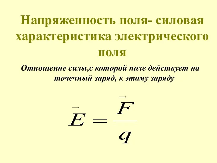 Напряженность поля- силовая характеристика электрического поля Отношение силы,с которой поле