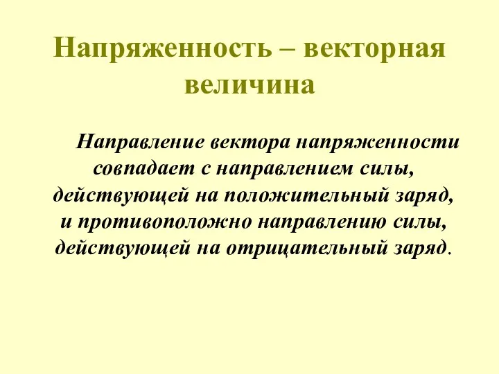 Напряженность – векторная величина Направление вектора напряженности совпадает с направлением