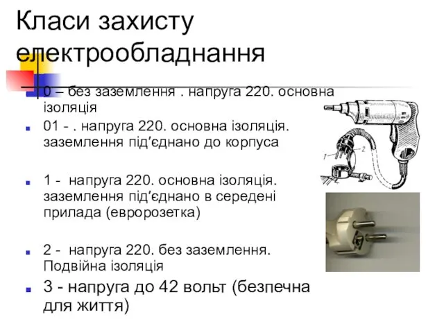 Класи захисту електрообладнання 0 – без заземлення . напруга 220.