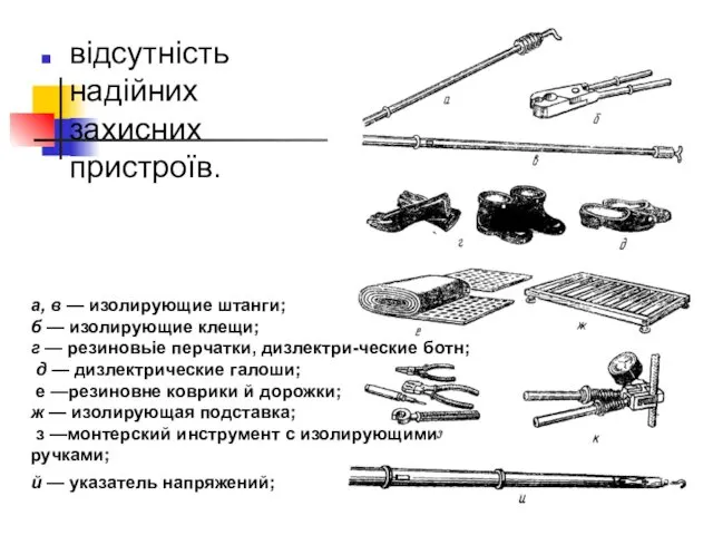 відсутність надійних захисних пристроїв. а, в — изолирующие штанги; б