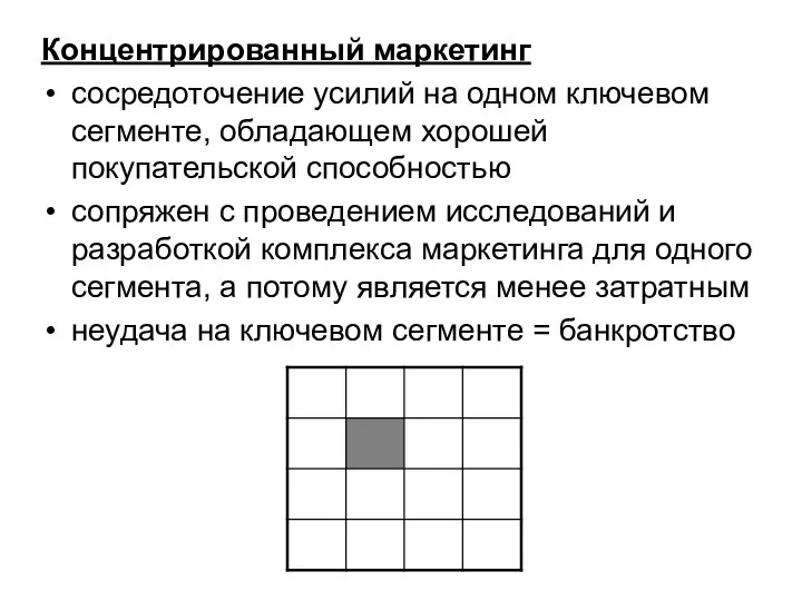 Концентрированный маркетинг сосредоточение усилий на одном ключевом сегменте, обладающем хорошей