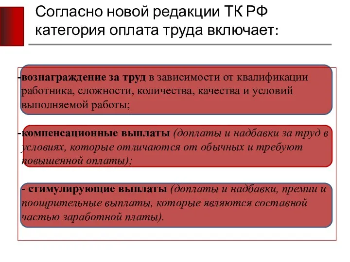 Согласно новой редакции ТК РФ категория оплата труда включает: вознаграждение