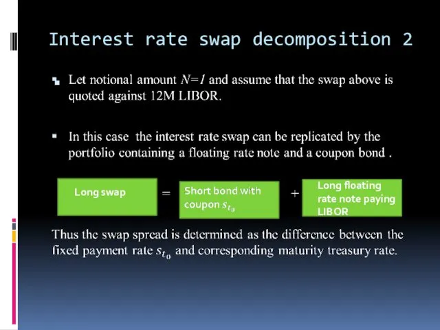 Interest rate swap decomposition 2 Long swap Long floating rate note paying LIBOR