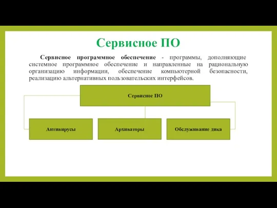 Сервисное ПО Сервисное программное обеспечение - программы, дополняющие системное программное