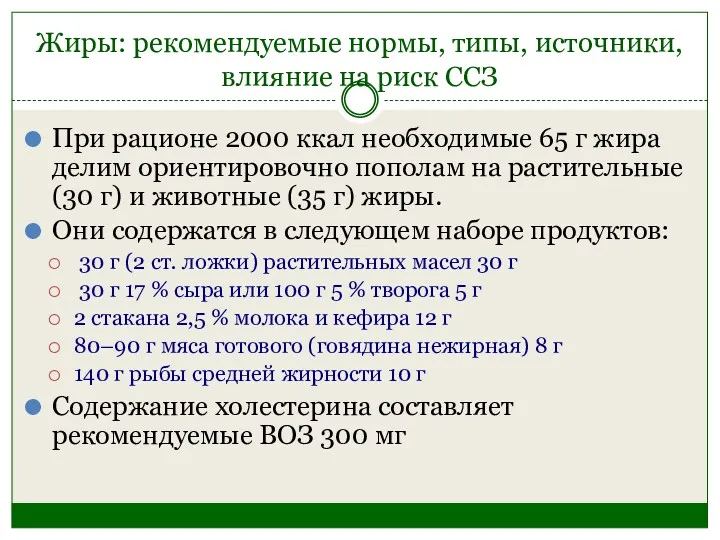 Жиры: рекомендуемые нормы, типы, источники, влияние на риск ССЗ При рационе 2000 ккал