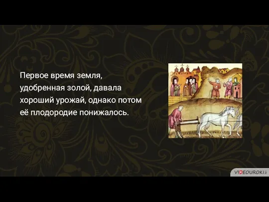 Первое время земля, удобренная золой, давала хороший урожай, однако потом её плодородие понижалось.