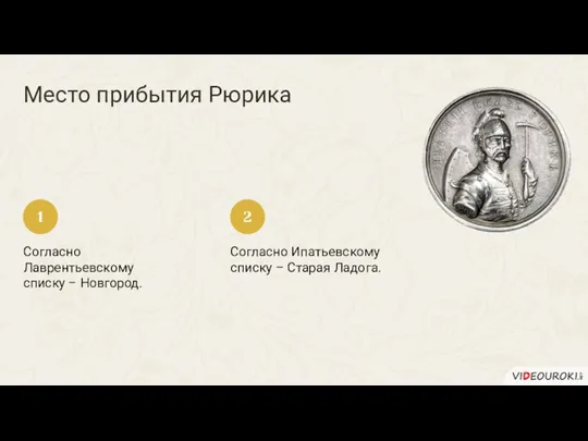 Место прибытия Рюрика Согласно Лаврентьевскому списку – Новгород. 1 Согласно Ипатьевскому списку – Старая Ладога. 2