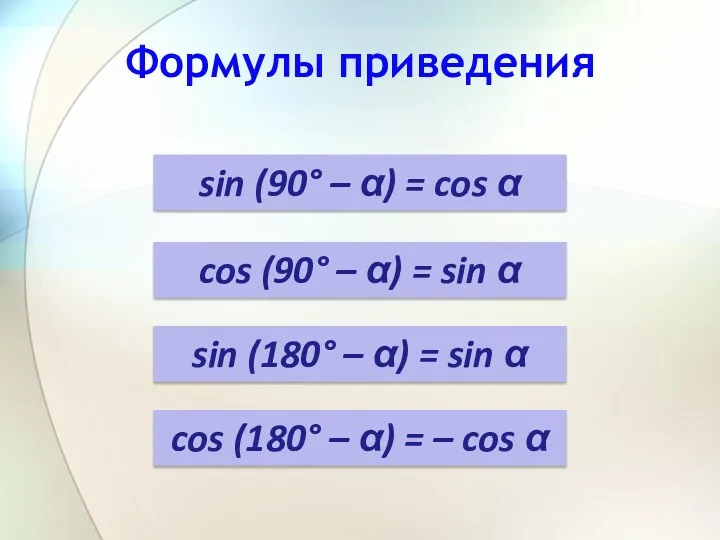 Формулы приведения sin (90° – α) = cos α cos (90° – α)