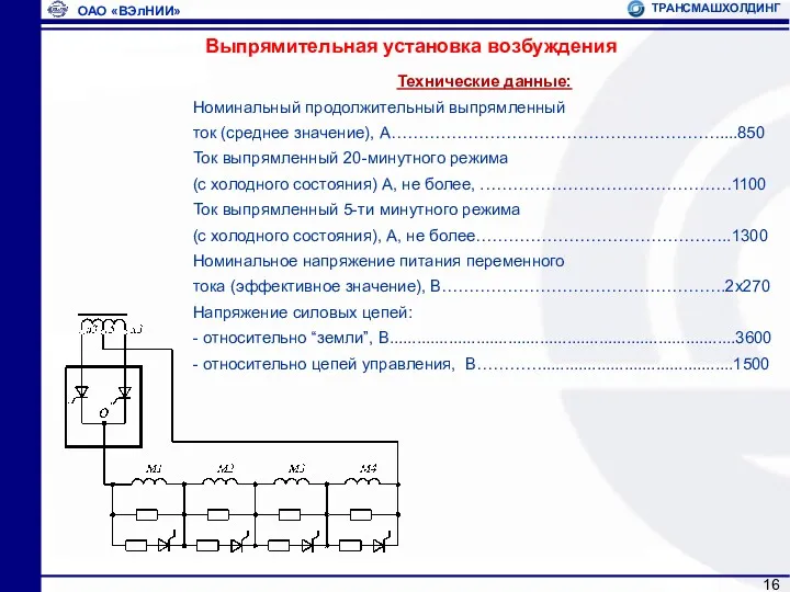 Выпрямительная установка возбуждения Технические данные: Номинальный продолжительный выпрямленный ток (среднее