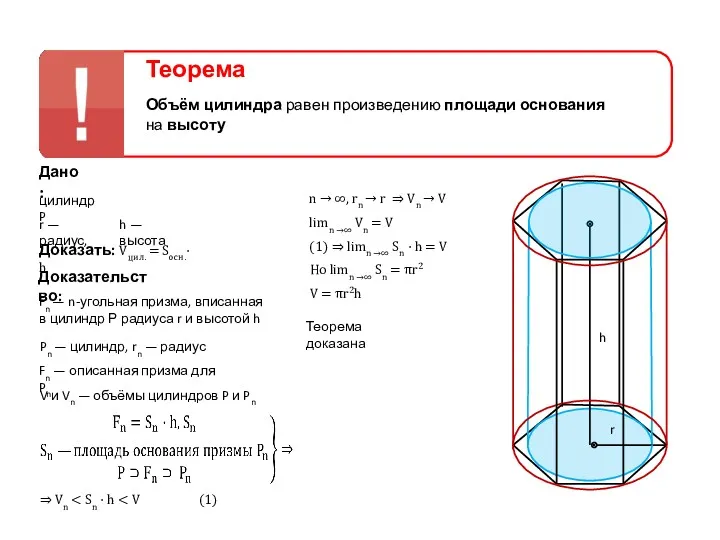 Теорема Объём цилиндра равен произведению площади основания на высоту Дано: