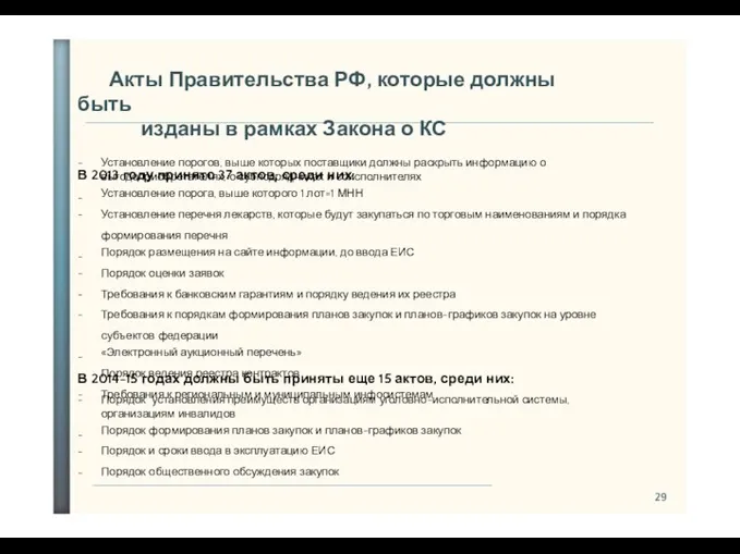 29 Акты Правительства РФ, которые должны быть изданы в рамках Закона о КС