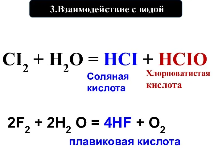 3.Взаимодействие с водой CI2 + H2O = HCI + HCIO Хлорноватистая кислота Соляная