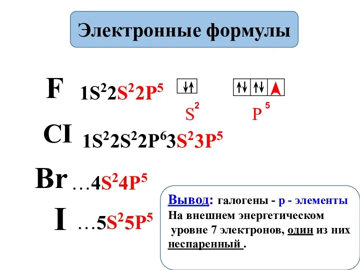F 1S22S22P5 S P CI 1S22S22P63S23P5 Br I …4S24P5 …5S25P5 Электронные формулы Вывод: