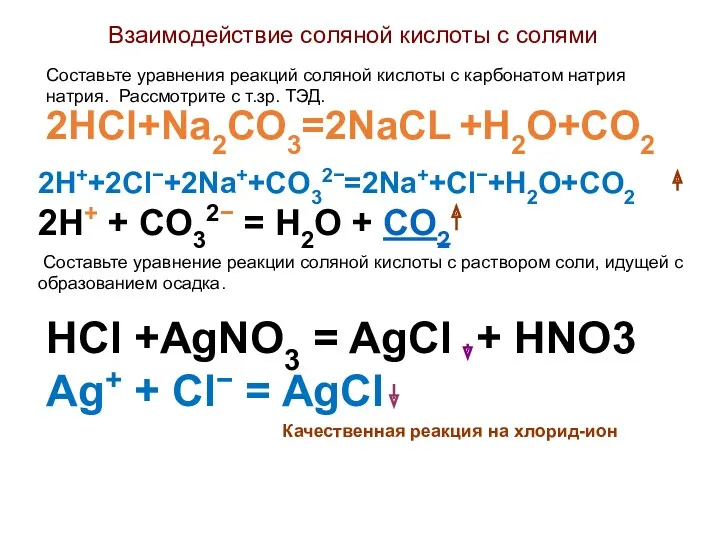 Взаимодействие соляной кислоты с солями Составьте уравнения реакций соляной кислоты c карбонатом натрия